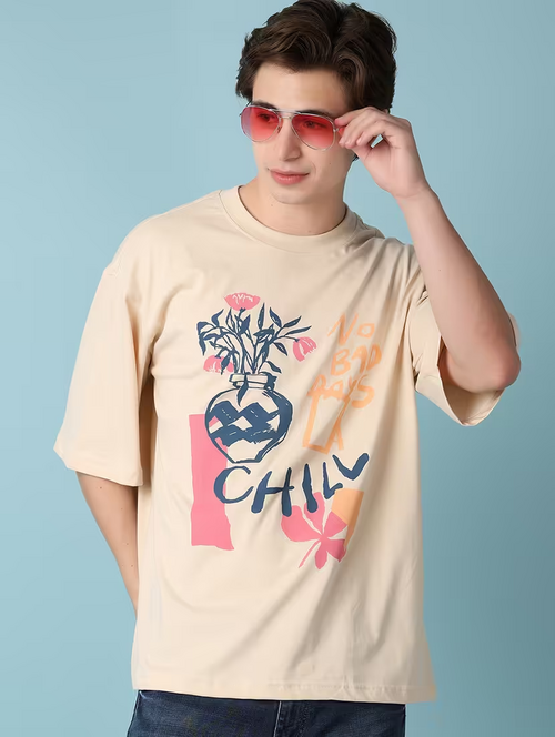 Men's Cotton Printed Oversized T-shirt (Size-S) (Color-BEIGE)